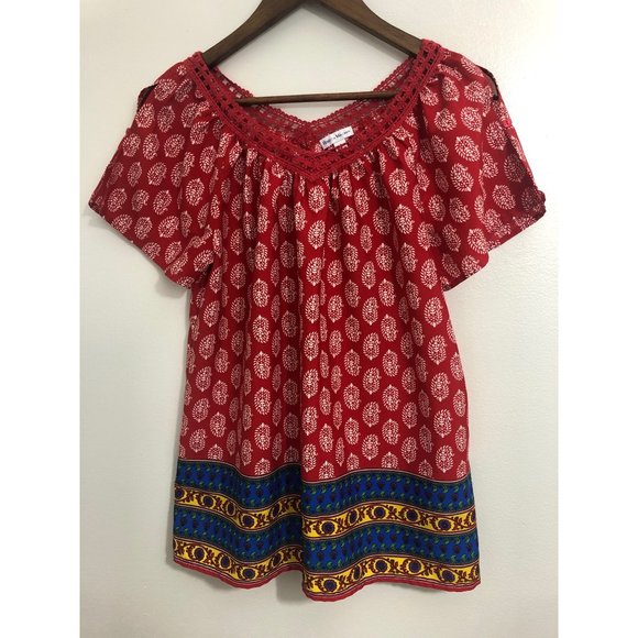 Rebecca Malone Womens Red Print Blouse size Small - Picture 3 of 7